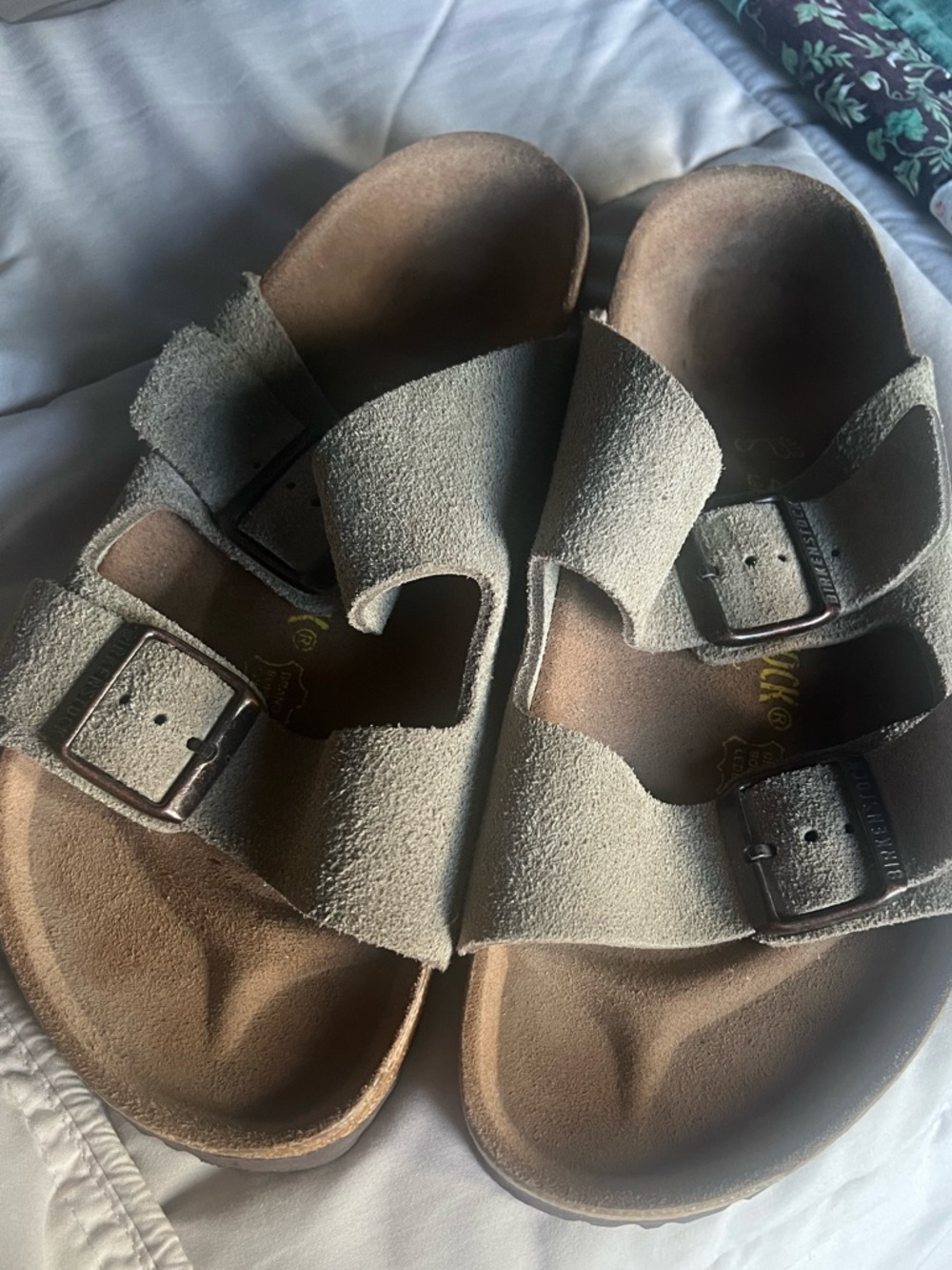 MAKE AN OFFER BIRKENSTOCK Arizona Taupe Suede Double-Buckle Slide Cork Sandals - Picture 6 of 11
